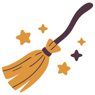 Cadılar bayramı cadı süpürgesi turuncu saplı ve yıldızlı ürkütücü tatil vektörü çizimi beyaza izole edilmiş.