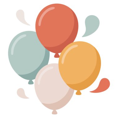 El çizimi mavi ve bej renkli hava balonları konfetileri olan şirin bir doğum günü partisi vektör kartı.