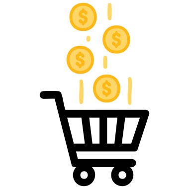 Beyaz üzerine izole edilmiş alışveriş arabasına düşen altın dolarların düz vektör çizimi