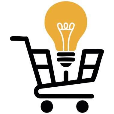 Alışveriş arabasının içindeki ampul yaratıcı fikir vektörü çizimi izole edildi