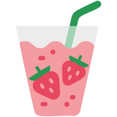 Beyaz üzerine izole edilmiş çilek suyu ve saman vektör illüstrasyonlu cam bardak.