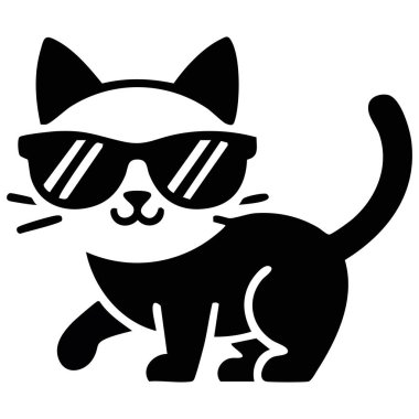 Katı beyaz arka plan vektöründe güneş gözlüklü siyah siluet simgesi kedisi izole edildi