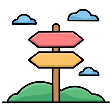 Beyaz arkaplan üzerinde doldurulmuş taslak biçim vektör yön işareti çizelgesi çizimi