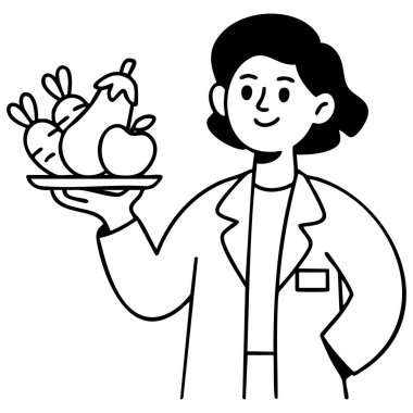 Sağlıklı meyve ve sebzeli kadın beslenme uzmanı. Beyaz arka planda izole edilmiş vektör karalama çizimi.