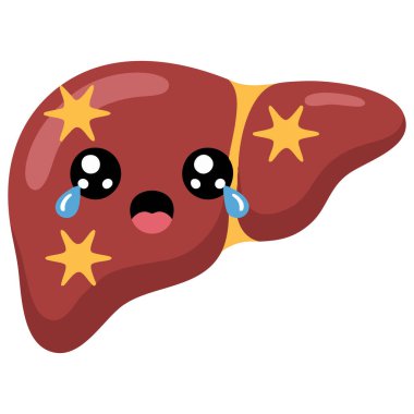 Sağlıksız üzgün karaciğer organı karakteri düz vektör çizimi beyaz arkaplanda izole edildi