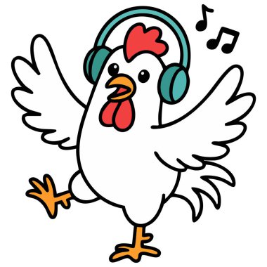Beyaz arka planda izole edilmiş, komik dans eden tavuk karakteri el çizimi vektör çizimi
