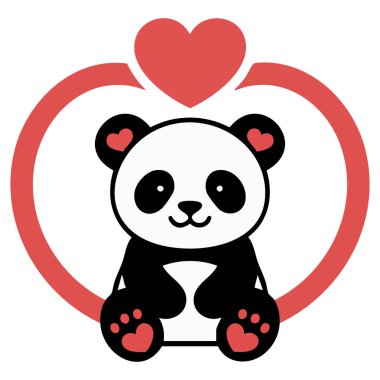 Büyük bir kalp taşıyan sevimli panda dostluğu sever. Beyaz arka planda izole edilmiş sevgililer günü vektör çizimi.