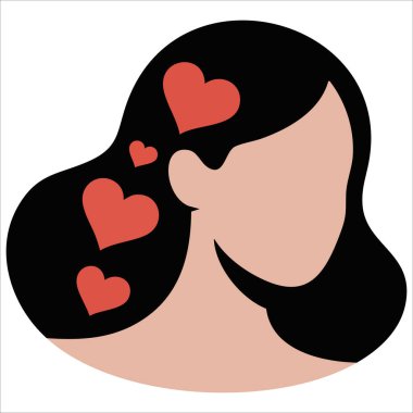 Beyaz arka planda uzun pembe saçlı ve kalp vektör çizimine sahip pikselci kadın.