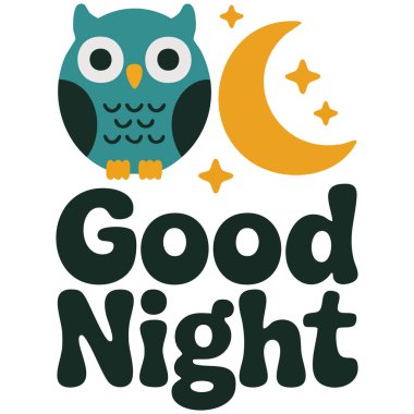 Beyaz arkaplanda metin izole vektör illüstrasyonuyla Ay 'da oturan çizgi film baykuşu