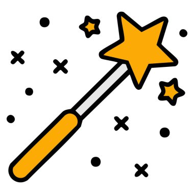 Beyaz üzerine izole edilmiş bir yıldız şeklindeki sihirli değnek ikonu fantezi ve sihirli güç çizimini sembolize ediyor.