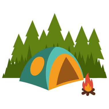 Beyaz arka planda izole edilmiş açık hava maceraları için düz bir çadır ve kamp ateşi olan orman kampı sahnesi.