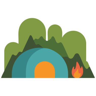 Beyaz arka planda izole edilmiş doğa temaları için ormanda yanan bir kamp çadırının düz bir çizimi.