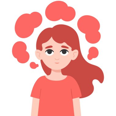 Kız kadın karakter mesaj bulutu fikriyle neşeli, gülümseyen çocuk renkli düz çizgi film çizimi beyaz üzerinde izole edilmiş.