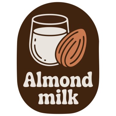 Renkli badem süt vektörü illüstrasyon bardağı beyaz arka planda izole edilmiş süt ve badem fıstıklı gerçekçi bitki sütü afişi.