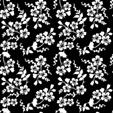 Beyaz çiçeklerin kusursuz deseni, beyaz arka planda siyah çiçek süsü, vektör illüstrasyonu