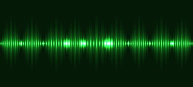 Koyu, bulanık bir arkaplana karşı yeşil parlayan ses dalgası eşitleyici çubukları tasvir eden yatay soyut bir grafik.