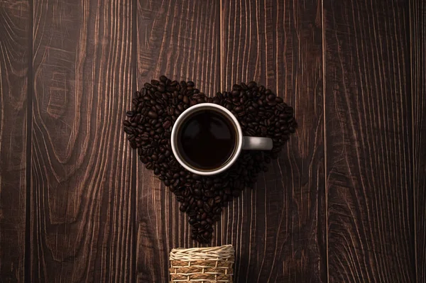 Coffee Beans Arranged Heart Shape Love Drinking Coffee — Stock Photo, Image