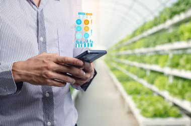 Bir kişi, sürdürülebilir tarım ve verimli büyüme uygulamalarını desteklemek için modern teknoloji ve veri görselleştirmesini vurgulayan bir serada akıllı telefon kullanır..
