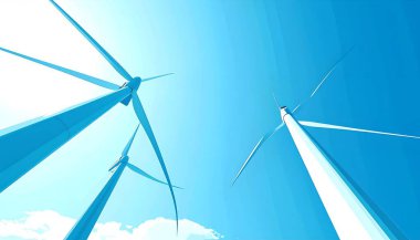 Mavi gökyüzüne karşı rüzgar türbinlerinin düşük açılı görüntüsü