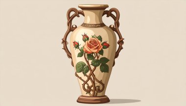 Çiçek desenli, arkaplanda güller ve sarmaşıklar olan zarif vazo.