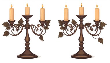 Yaprak süslemeli iki zarif şamdan ve beyaz arka planda mumlar.