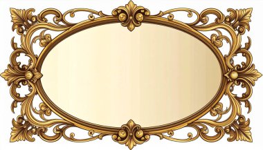 Gösterişli altın çerçeveli oval ayna. Beyaz arka planda karmaşık tasarımlar ve desenler var..