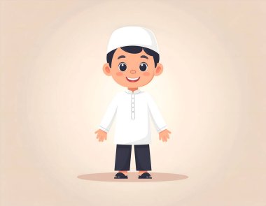 Beyaz kurta ve koyu renk pantolon giymiş, kolları açık beyaz kufi şapkalı ve sandaletli neşeli bir müslüman çocuğun çizgi film çizimi.