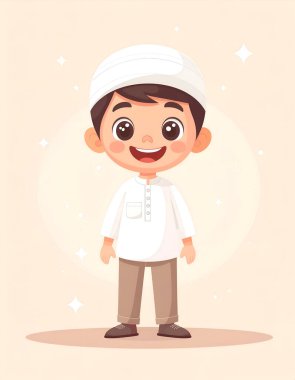 Beyaz giysili ve kahverengi pantolonlu sevimli çizgi film çocuğu bir kufi şapka takıyor ve neşe saçıyor. Bu resim İslami temalar için mükemmel. Çocuk eğitimi ve kültürel temsil için.