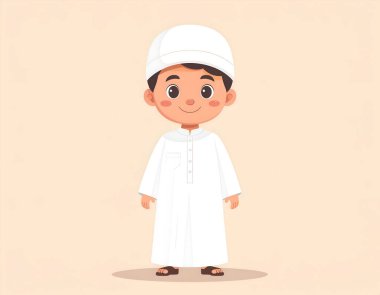 Neşeli genç bir çocuk İslami kıyafetleri temsil eden beyaz bir tobe ve kufi şapkası içinde duruyor. Onun masum ifadesi ve geleneksel kıyafeti kültürel miras ve basit bir neşe duygusunu çağrıştırıyor.