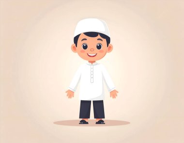 Beyaz kurta ve koyu renk pantolon giymiş, kolları açık beyaz kufi şapkalı ve sandaletli neşeli bir müslüman çocuğun çizgi film çizimi.