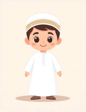 Beyaz bir tobe ve süslü bir kufi şapkalı genç çocuk parlak yıldız aksanlı yumuşak bir krema arka planına karşı duruyor.