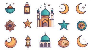 Hilal yıldızları, dekoratif fenerler ve temiz bir vektör çizimi olarak sunulan cami binaları da dahil olmak üzere biçimlendirilmiş İslami kültür unsurları