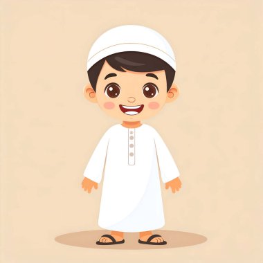 Beyaz tobe ve kufi şapkalı sevimli animasyon genç çocuk neşeli bir ifadeyle mutlu duruyor. Bu illüstrasyon, İslami kültürü ve festival vesilesini çağrıştırıyor.