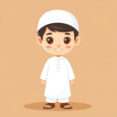 Beyaz şapkalı, geleneksel beyaz elbiseli, bayram kutlamalarına hazır genç bir Müslüman çocuğun büyüleyici bir çizimi.
