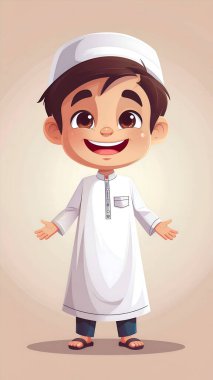 Kolları açık, beyaz bir kufi şapkası takmış neşeli genç bir çocuk mutlu ifadesi ve hoş bir jest ile masumiyeti ve sıcaklığı ifade eder.