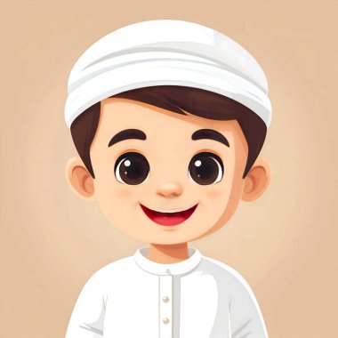 Beyaz bir Kufi şapkası ve kültürel ve dini temalar için uygun beyaz bir gömlek giymiş neşeli yüzlü genç bir çocuğun büyüleyici bir çizimi.