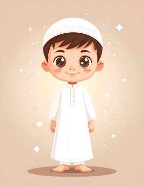 Beyaz bir tobe ve kufi giymiş genç bir çocuk parıldayan yıldızlar ve noktalarla süslenmiş sıcak bir arka plana karşı çıplak ayakla ayakta duruyor.