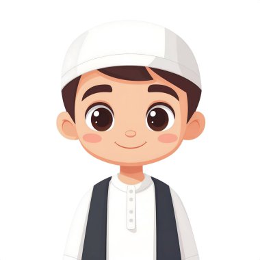 Animasyon Müslüman çocuk beyaz bir şapka ve siyah yelekli geleneksel beyaz gömlek giyiyor. Büyük kahverengi gözleri ve masumiyeti ve kültürel kimliği temsil eden neşeli bir gülümsemesi var.