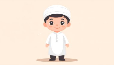 Beyaz kurta giymiş gülümseyen genç bir çocuk ve eşleşen beyaz bir türban yumuşak tarafsız bir arka plana karşı duruyor. Bu büyüleyici illüstrasyon şenlikli ya da dini bir olayı yakalıyor.