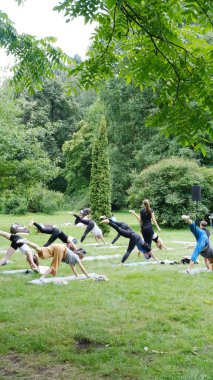 Minsk, Belarus - 14 Ağustos 2025: Katılımcılar, yeşillik ve kopya için açık alanla çevrili sakin bir park ortamında grup yoga kursuna katılıyorlar