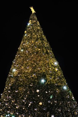 Göz kamaştırıcı Noel ağacı parıldayan ışıklar ve parlak süslemelerle süslenmiş, karanlık gökyüzüne karşı yükselen, tatil sezonunun neşeli atmosferini artıran