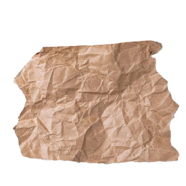 Yaratıcı düzenler için beyaz, organik el yapımı doku üzerine izole edilmiş düzensiz kırışık kraft kağıt parçası.