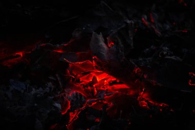 Parlayan kırmızı közlerin ve karanlıkta yanan kömürün yakın görüntüsü. Yoğun kızıllık ve kül dokuları, ısı, yangın sonrası, enerji, tehlike ve doğal gücü sembolize eden çarpıcı ve atmosferik bir sahne yaratır..