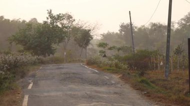Ağaçlar, yabani bitkiler ve doğal bitki örtüsüyle çevrili huzurlu bir kırsaldan geçen boş bir kırsal yol. Sahne sakin seyahatleri, sakin köy çevresini, kırsal çevreyi ve doğa keşiflerini temsil ediyor..