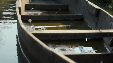 Geleneksel ahşap bir teknenin, içinde toplanan ahşap sıraları ve sığ suları gösteren, doğal ışığı yansıtan yakın çekim görüntüsü. Sahne, köy işçiliği, taşra taşımacılığı ve kırsal yaşamın basitliğini vurguluyor..