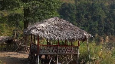 Kalın sazdan çatılı geleneksel bir bambu kulübesi, verimli bir yamaç manzarasının yanındaki tahta ayaklıklar üzerinde yükselir. Arka planda uzun otlar ve sık ormanlarla çevrili kırsal yapı, basit kırsal yaşamı yansıtıyor..