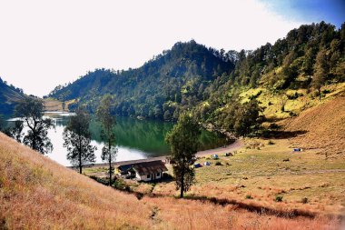 Endonezya 'nın Semeru Dağı' ndaki yeşil tepelerle çevrili manzaralı dağ gölü. Sakin su doğal manzarayı yansıtır ve dağlık bir çevrede huzurlu bir atmosfer sunarak yürüyüş yapanlar için bir kamp ve dinlenme alanı görevi görür..