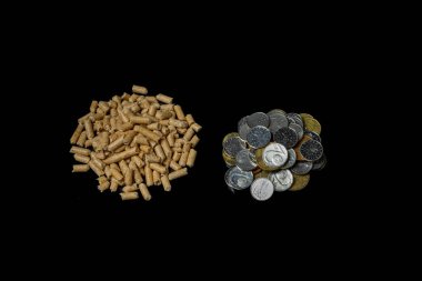 Yenilenebilir Enerji Değerini ve Çek para birikimini temsil eden ahşap peletler ve madeni para yığınları, siyah arka plan üzerine çalışma, biyokütle yakıtının kavramsal karşılaştırması, ekonomik sürdürülebilirlik,