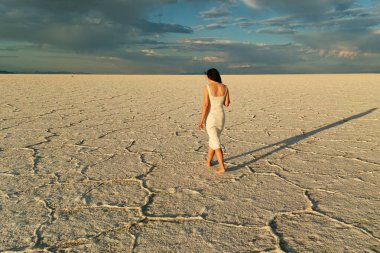 Çatlak Utah tuzlu çölünde yürüyen bir kadın, keten elbise giymiş, uzun gölgeli, desenli, çizgili toprak, fırtınalı gökyüzüne uzanan, ağır bulutlara karşı altın ışık çizgisi,.