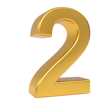 Shiny golden three dimensional number two (2) isolated on a neutral light background